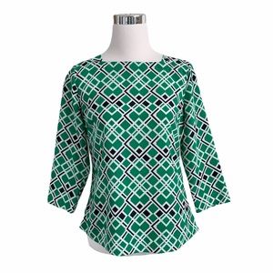 Banana Republic Blouse 3/4 Sleeve Green Top Size 4 Small Black White Pattern